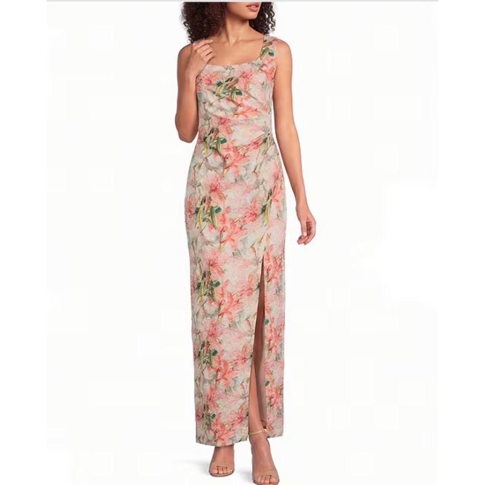 Adrianna Papell Metallic Matelasse Gown Coral Mult Floral Maxi Dress 12 NEW